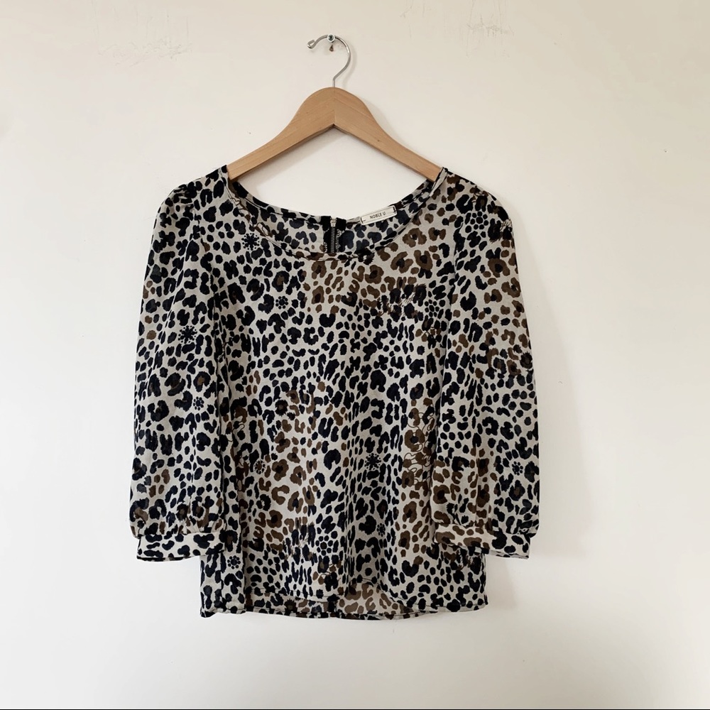 Noble U Cream Navy Brown Animal Print Blouse